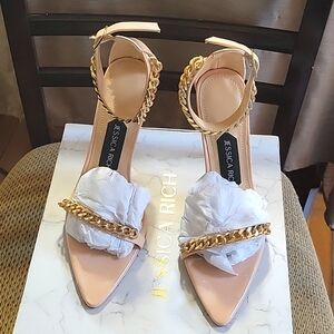 JESSICA RICH NÌB MONACCO NUDE SANDALS WITH GOLD CHAIN RETAIL $295